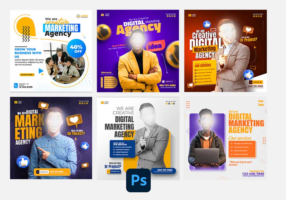 Pack de 6 Affiches Professionnelles pour Agence Digitale (PSD Modifiables)