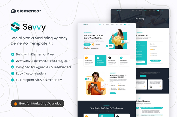 Savvy Kit de modèles Elementor pour agence de marketing sur les réseaux sociaux