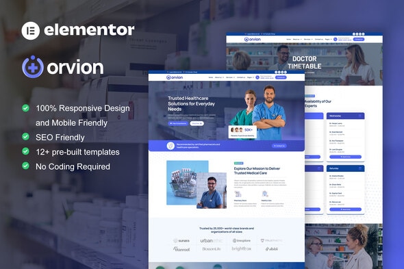 Orvion Kit de modèles Elementor Pro pour pharmacie et services médicaux