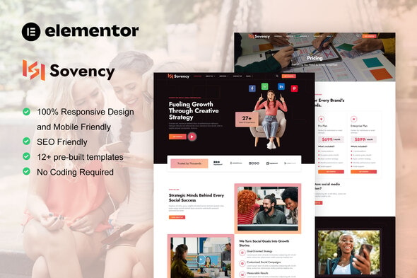 Sovency Kit de modèles Elementor Pro pour agence de marketing sur les réseaux sociaux